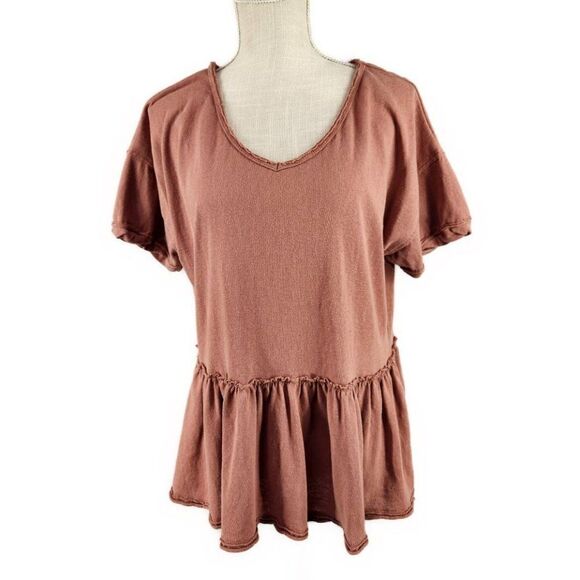 Wishlist Apparel Womens Sz S Babydoll Top Brown Short Sleeve Stretchy Ruffled - Picture 1 of 7